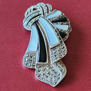 925 Sterling Silver Vintage Black Onyx & Marcasite Gem Art Deco Style Pin Brooch